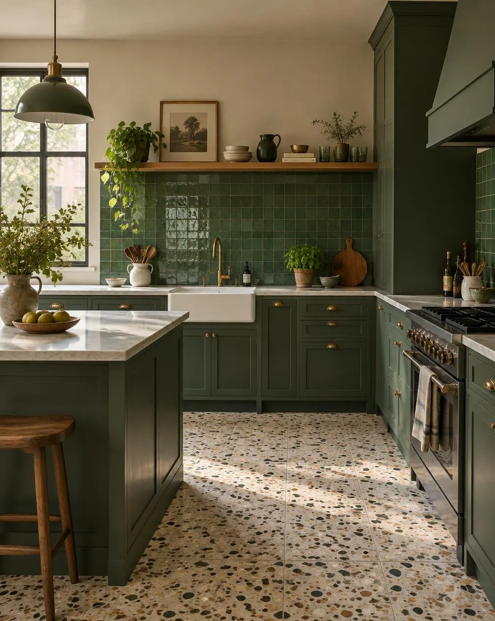 Green kitchen with terrazzo floor tiles